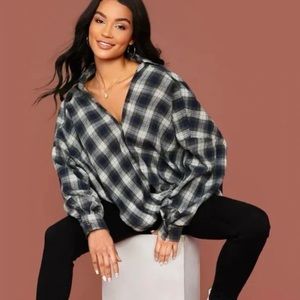Button Front Tartan Oversized Blouse